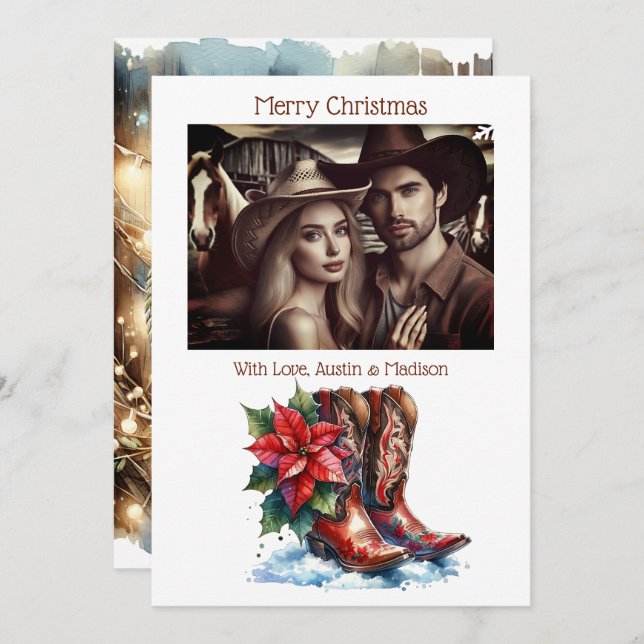 Rustic Cowboy Boots Country & Western Personalized Holiday Card (Front/Back)