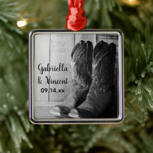 Rustic Cowboy Boots Country Western Wedding Metal Ornament