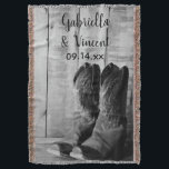 Rustic Cowboy Boots Country Western Wedding Throw Blanket<br><div class="desc">Personalize the charming Rustic Cowboy Boots Country Western Wedding Throw with the names of the bride and groom and marriage ceremony date to create a personal engagement, bridal shower or keepsake marriage gift. This country chic custom ranch theme nuptial blanket features a quaint digitally enhanced black and white photograph of...</div>