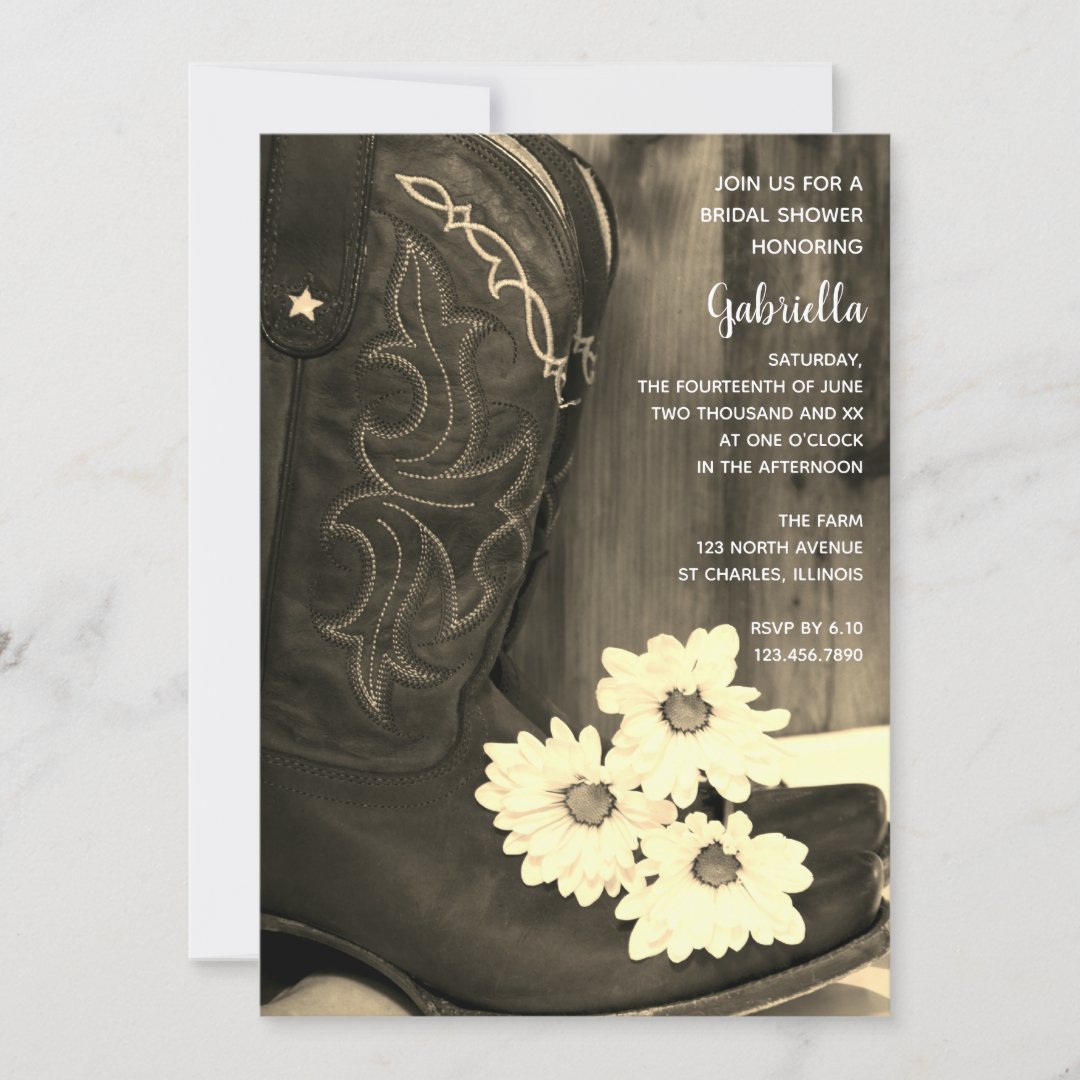 Rustic Cowboy Boots Daisies Bridal Shower Sepia Invitation | Zazzle