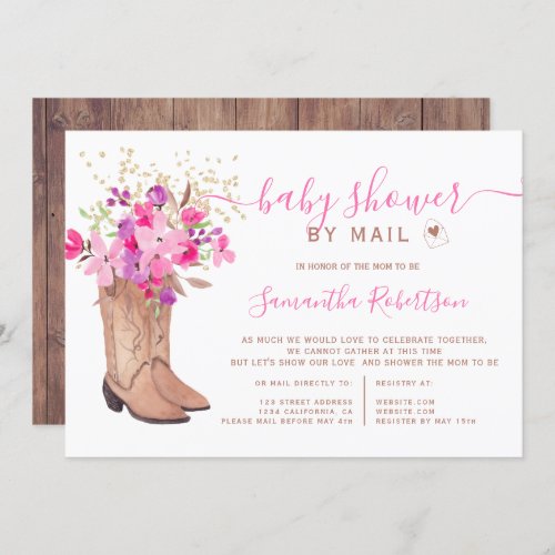 Rustic cowboy boots floral baby shower by mail invitation