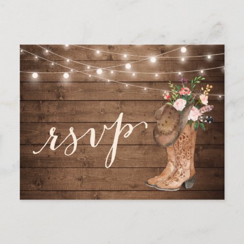 Rustic Cowboy Boots Floral String Lights RSVP Invitation Postcard - Rustic Cowboy Boots Floral String Lights RSVP Reply Card. 
(1) For further customization, please click the "customize further" link and use our design tool to modify this template. 
(2) If you need help or matching items, please contact me.