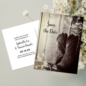 Rustic Cowboy Boots Floral Western Save The Date  Announcement Postcard by loraseverson at Zazzle