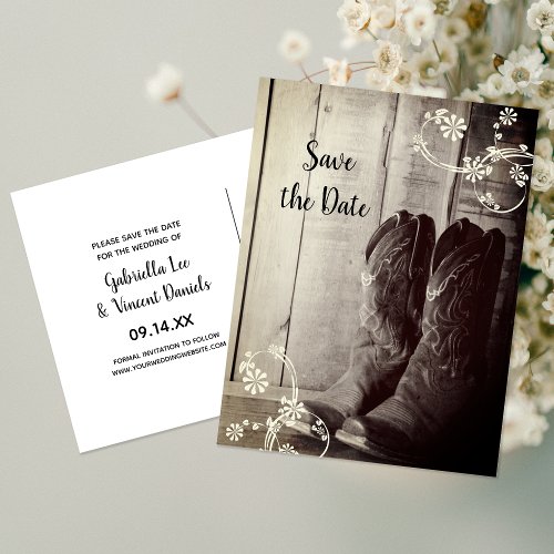 Rustic Cowboy Boots Floral Western Save the Date  Announcement Postcard