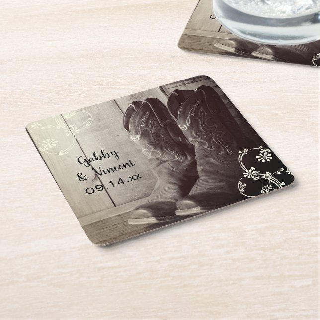 Rustic Cowboy Boots Floral Western Wedding Square Paper Coaster (Angled)