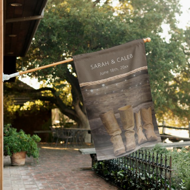 Rustic Cowboy Boots for Two Ranch Wedding House Flag (In SItu)