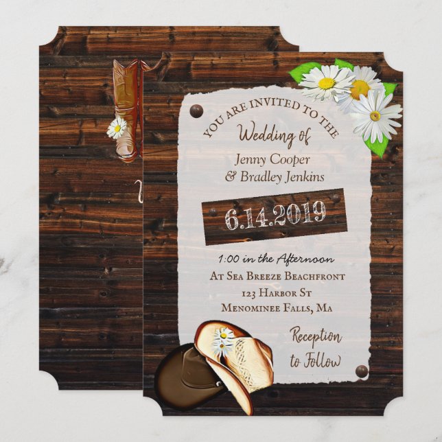 Rustic Cowboy Boots, Hats and Daisies Wedding Invitation (Front/Back)