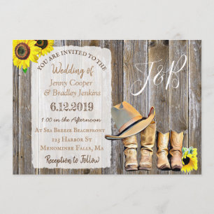 Rustic Cowboy Boots, Lace and Sunflowers Wedding Invitation