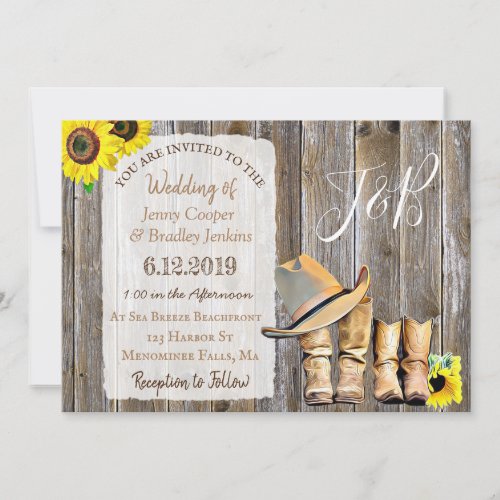 Rustic Cowboy Boots Lace and Sunflowers Wedding Invitation