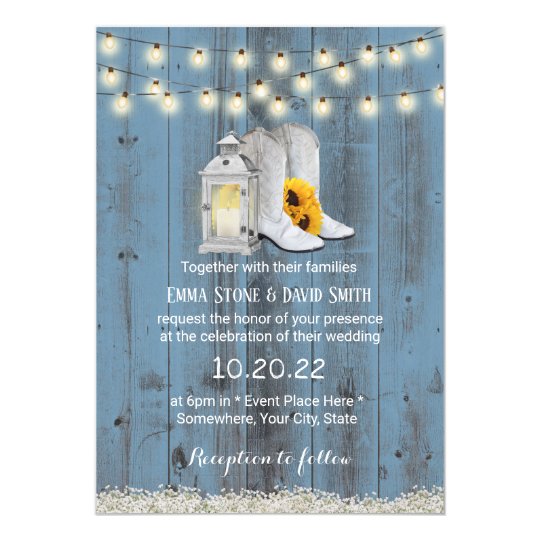 Rustic Cowboy Boots Lantern Dusty Blue Wedding Invitation | Zazzle.com