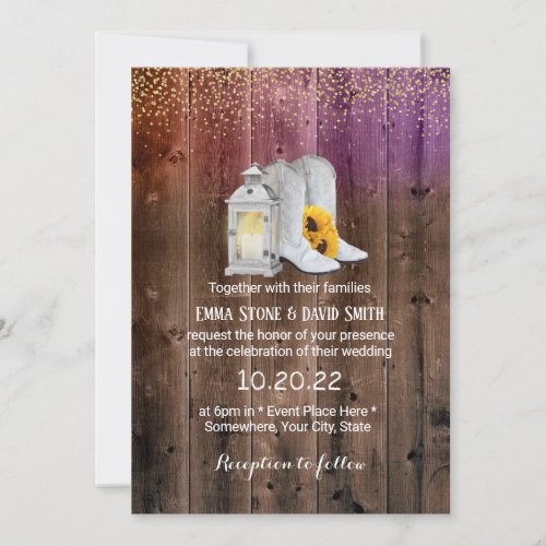 Rustic Cowboy Boots Lantern Gold Confetti Wedding Invitation