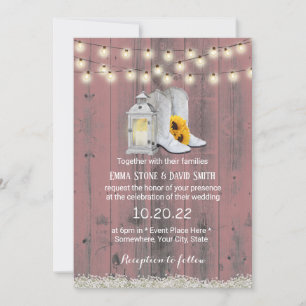 Rustic Cowboy Boots Lantern Pink Wood Wedding Invitation