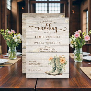 Rustic Cowboy Boots on Wood Wedding Invitation