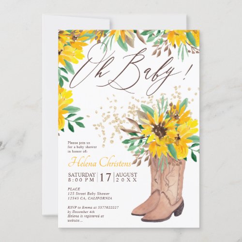 Rustic cowboy boots orange floral baby shower invitation