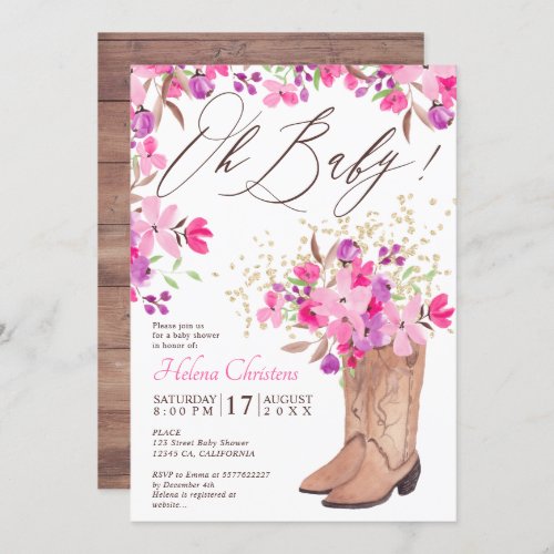 Rustic cowboy boots pink floral baby shower invitation