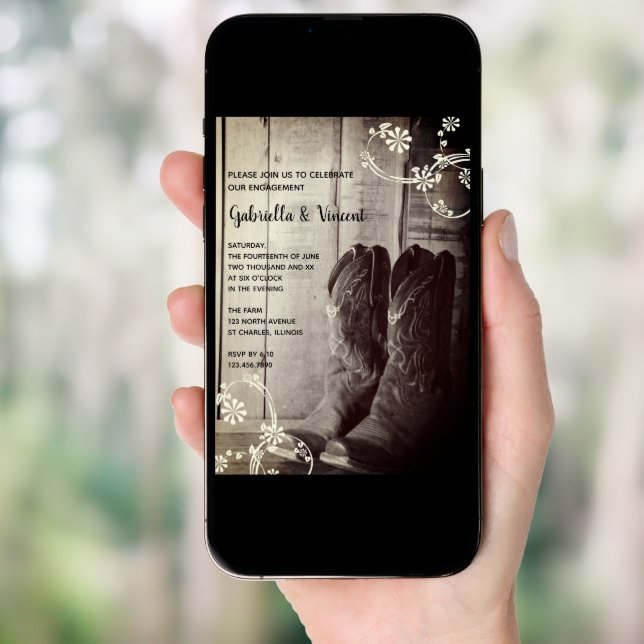 Rustic Cowboy Boots Ranch Floral Engagement Party Invitation (Front Digital)