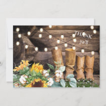 Rustic Cowboy Boots String Lights Sunflower Thanks Thank You Card