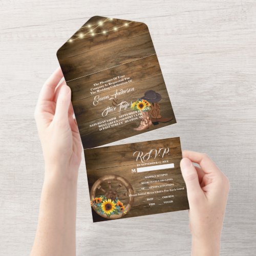 Rustic Cowboy Boots Sunflower Western Wedding  All In One Invitation