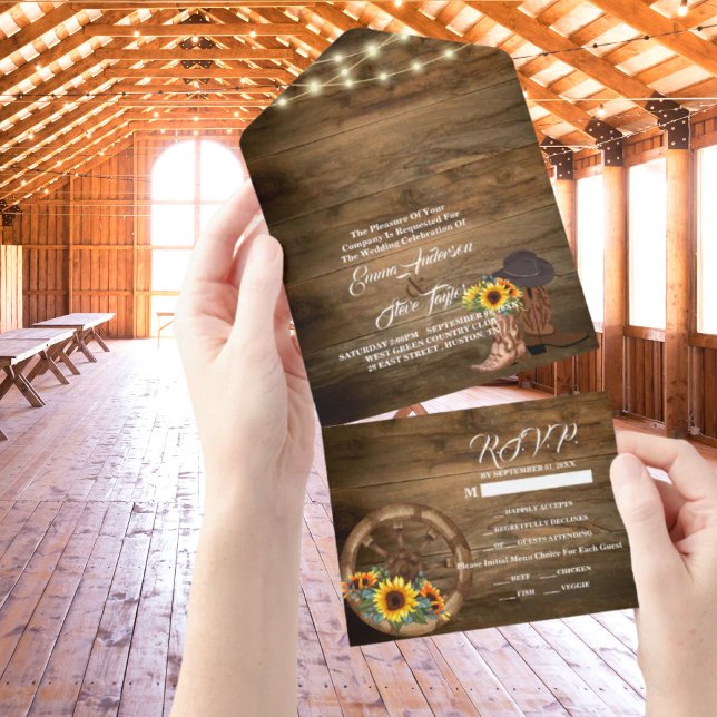 Rustic Cowboy Boots Sunflower Western Wedding  All In One Invitation (Rustic Cowboy Boots Sunflower Western Wedding All In One Invitation)