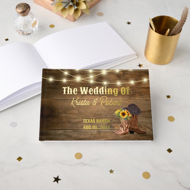 Rustic Cowboy Boots Sunflower Western Wedding Foil Guest Book (Front Open)