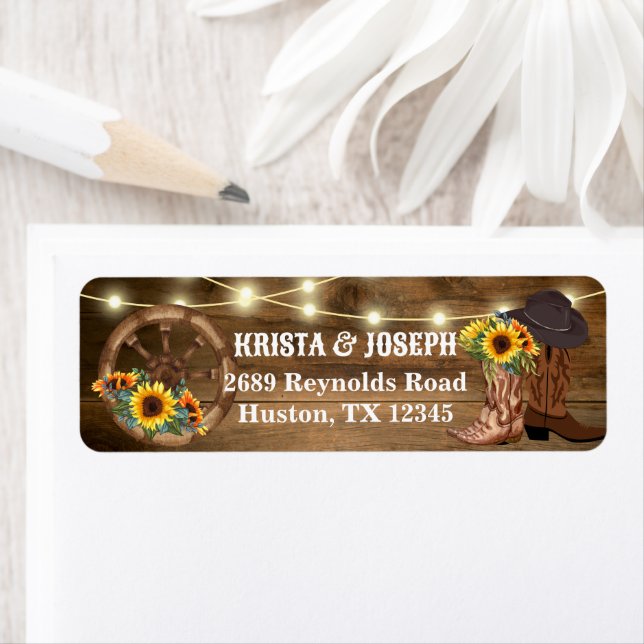 Rustic Cowboy Boots Sunflower Western Wedding Label (Insitu)