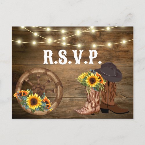 Rustic Cowboy Boots Sunflower Western Wedding RSVP Postcard