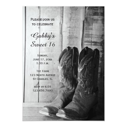 Rustic Cowboy Boots Sweet 16 Barn Birthday Party Card | Zazzle