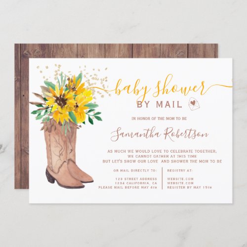 Rustic cowboy boots watercolor baby shower by mail invitation