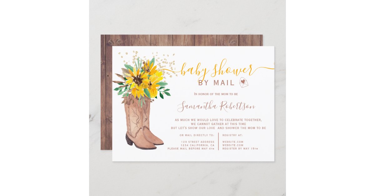 Rustic cowboy boots watercolor baby shower by mail invitation | Zazzle