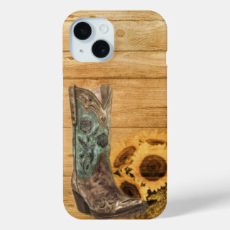 rustic cowboy boots western barn wood sunflower iPhone 15 case