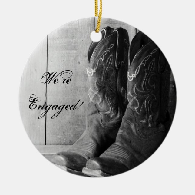 Rustic Cowboy Boots Western Engagement Ceramic Ornament (Front)
