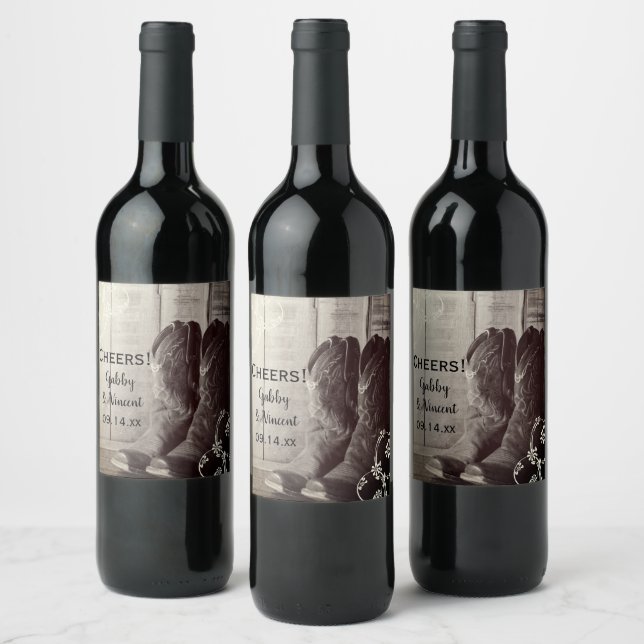 Rustic Cowboy Boots Western Floral Wedding Cheers Wine Label (Bottles)