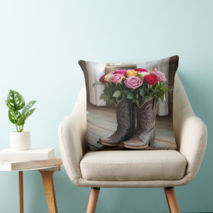Rustic Cowboy Boots with Flowers – Western Country Throw Pillow
