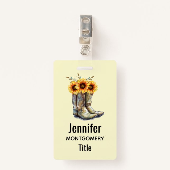 Rustic Cowboy Boots with Sunflowers Badge (Front with Clip)