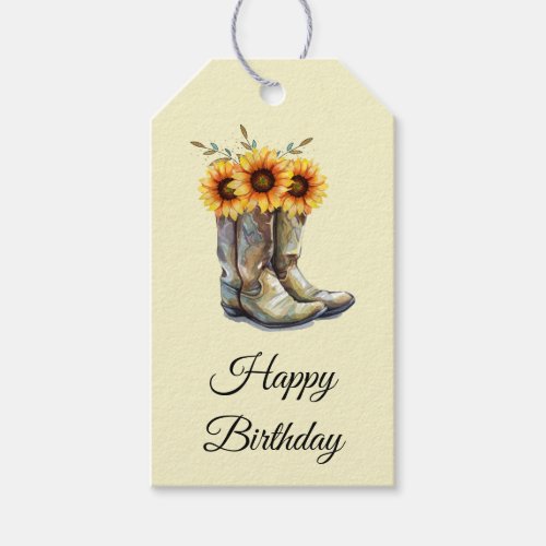 Rustic Cowboy Boots with Sunflowers Birthday Gift Tags