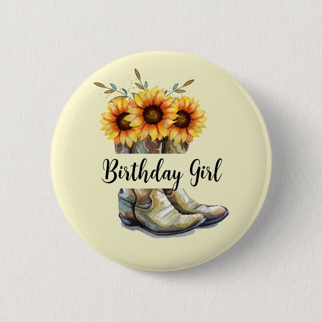 Rustic Cowboy Boots with Sunflowers Birthday Girl Button (Front)