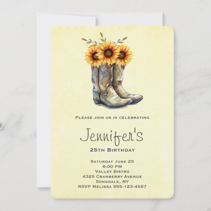 Rustic Cowboy Boots with Sunflowers Birthday Invitation | Zazzle