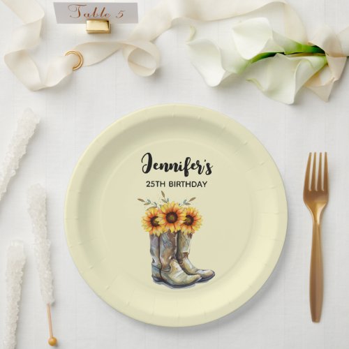 Rustic Cowboy Boots with Sunflowers Birthday Paper Plates