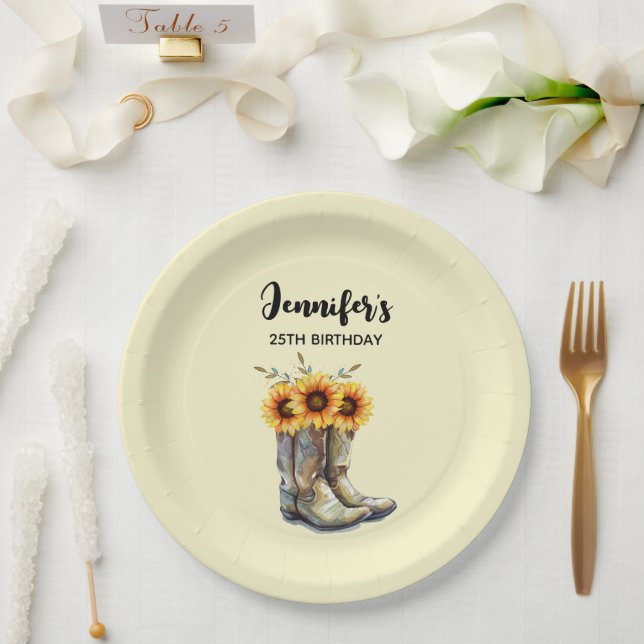 Rustic Cowboy Boots with Sunflowers Birthday Paper Plates (Wedding)