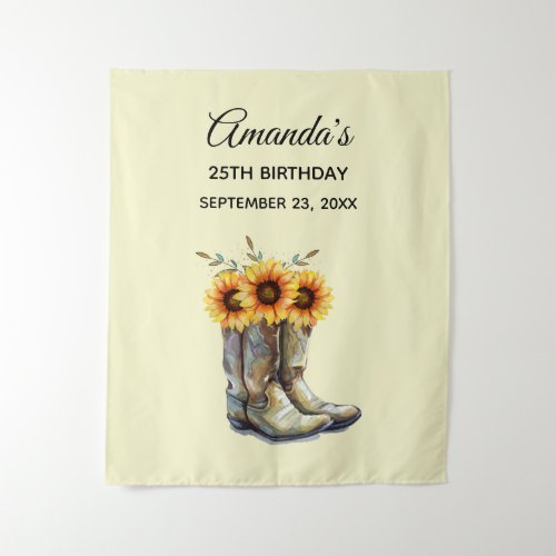 Rustic Cowboy Boots with Sunflowers Birthday Tapestry