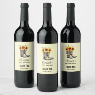 Rustic Cowboy Boots with Sunflowers Birthday Wine Label