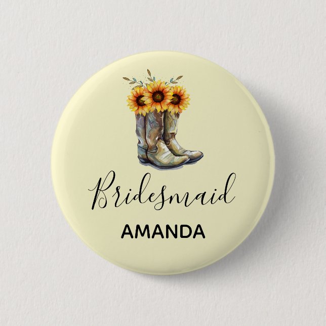 Rustic Cowboy Boots with Sunflowers Bridesmaid Button (Front)