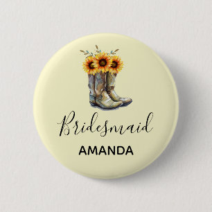 Rustic Cowboy Boots with Sunflowers Bridesmaid Button