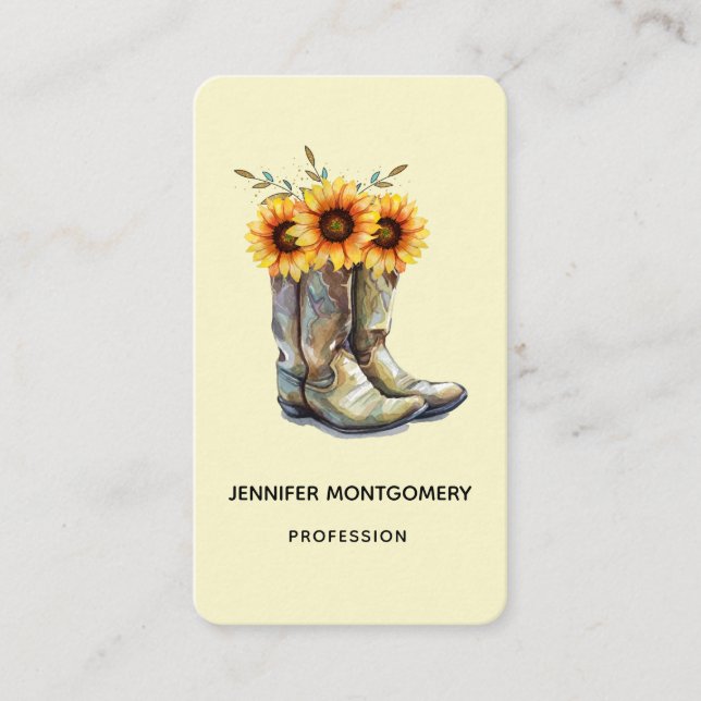 Rustic Cowboy Boots with Sunflowers Business Card (Front)