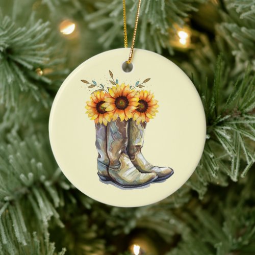 Rustic Cowboy Boots with Sunflowers Ceramic Ornament