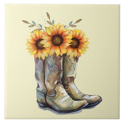 Rustic Cowboy Boots with Sunflowers Ceramic Tile