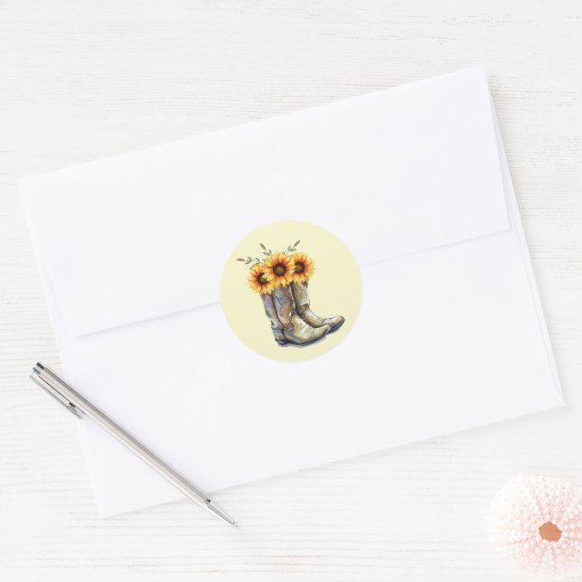 Rustic Cowboy Boots with Sunflowers Classic Round Sticker (Envelope)