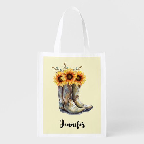 Rustic Cowboy Boots with Sunflowers Grocery Bag