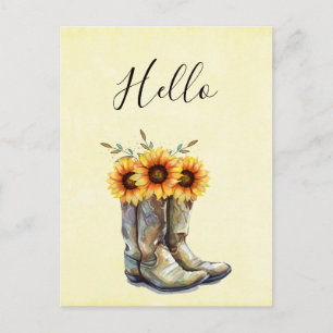 Rustic Cowboy Boots with Sunflowers Hello Postcard