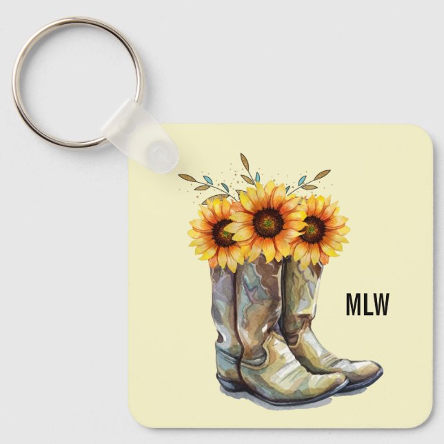 Rustic Cowboy Boots with Sunflowers Keychain (Front)